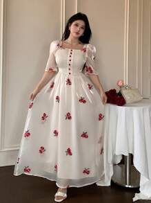 Modelyn Square Neck Embroidered Ditsy Floral Ruched Waist Puff Sleeve Slim Fit Dress For Women, Spring/Summer - Apricot - View 5