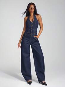 SHEIN Unity Street Style Neck Snap Washed Denim Jumpsuit - Dark Wash - View 2