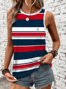 SHEIN LUNE Woman Plus Size Casual Striped Print Camisole & Tank Top, Red Blue White Color Block Navy Style, Suitable For Summer Woman S Summer Clothes Back To School - Multicolor - View 5