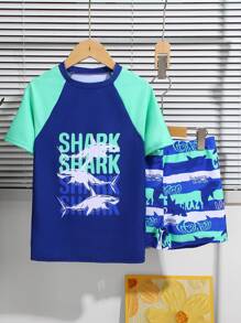 男童拼色鲨鱼印花沙滩泳裤套装
