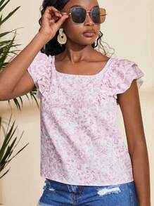 SHEIN Teen Girl Casual Ditsy Floral Bow Back Ruffled Short Cap Sleeve Blouse, Spring/Summer Daily & Holiday, Beach Vacation