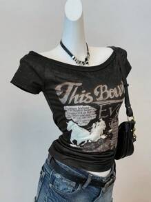 SHEIN EZwear 夏季音乐会女款西部图案音乐节图案黑色短款上衣 - 黑色 - 查看 3