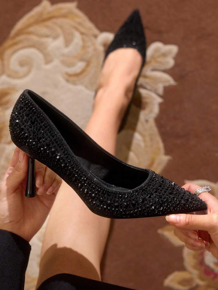 CUCCOO TILAWA Fashionable Party Evening Sexy Black Rhinestone Studded Pointed Toe Stiletto High Heel Pumps For Christmas