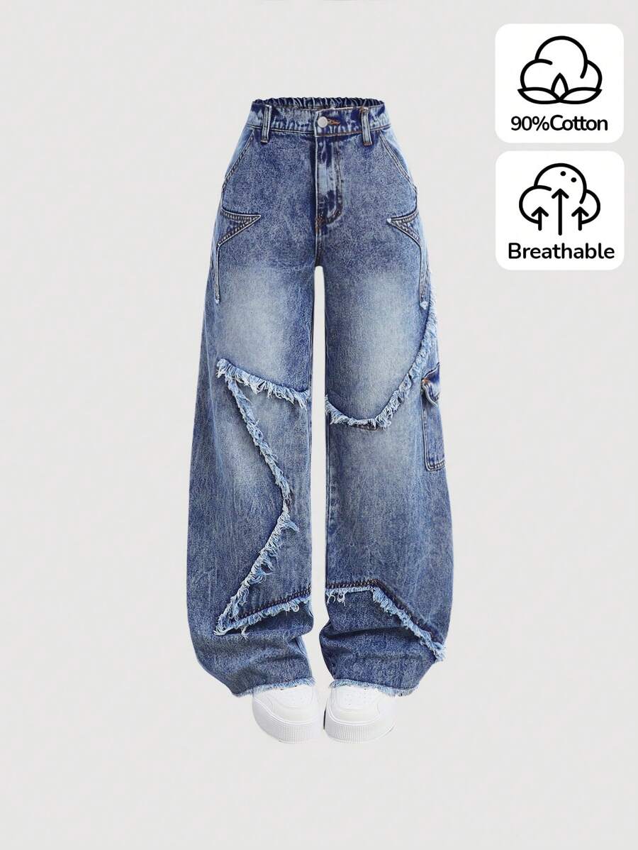 SHEIN Quần jeans denim xanh dáng rộng, rách tua rua, đính sao phong cách Y2K dành cho nữ tuổi teen, thích hợp cho mùa thu trở lại trường học. - Rửa tối - Xem 1