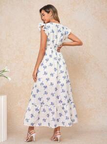 Gownix Elegant Women's White And Blue Floral Textured Print Dress,Summer Garden Party Outfits,Island Vacation Honeymoon Fairycore Boho Style Summer Outfits - Blue - View 3