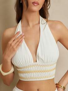 L'Amorae Women's Boho Style Halter Tie Back Low Neck Embroidered Smocked Waist White Summer Top, Vacation, 4th Of July, Beach - White - View 4