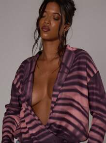 MUSERA Collared Plunge V Neck Chiffon Patterned Wrap Waist Long Sleeve Top Vacation Holiday Elegant Beachwear Boho Romantic Ibiza Occasion Holiday Cute Tops Beachwear Going Out Tops Club  Fall Winter - Pink - View 3