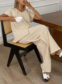 DAZY 简约纯色褶领设计女式家居服套装，返校服睡衣 - 白色 - 查看 3