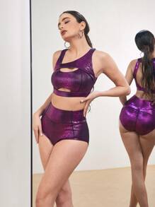 Menodora SHEIN Sport 女士黑色蛇皮涂层弹力运动服套装，适合钢管舞和舞台表演 - 玫紅色 - 查看 3