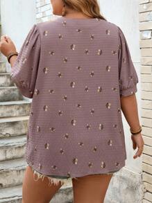SHEIN CURVE+ Áo sơ mi nữ cỡ lớn tay phồng in họa tiết, áo sơ mi nữ cỡ lớn không cài cúc, thích hợp mặc đi biển/đi biển/nghỉ mát biển/đồ cần thiết khi đi biển/lễ tốt nghiệp/tiệc trà mùa hè/phong cách đồng quê/kỳ nghỉ biển/bãi biển/trang phục đi biển - Nhiều màu - Xem 2