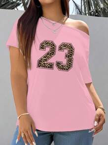 Flirla 大码女式豹纹印花不对称领袖T恤，粉色23号印花