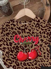 SHEIN 2 件套女婴樱桃豹纹圆领短袖 T 恤和黑色针织紧身短裤套装，Y2K 风格儿童夏季服装 - 彩色 - 查看 5