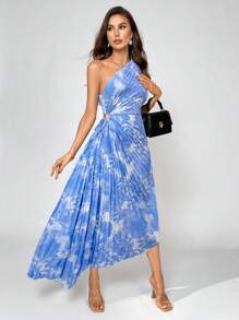 Firerie 女士优雅热带印花腰部镂空褶皱长款沙滩裙，适合日常、度假 - 藍色 - 查看 1