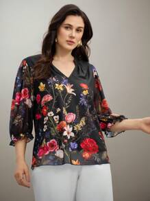 Flouryn Camiseta de mujer de talla grande con escote en V y estampado floral de malla, casual y elegante para uso en exteriores, verano - Multicolor - Ver 5