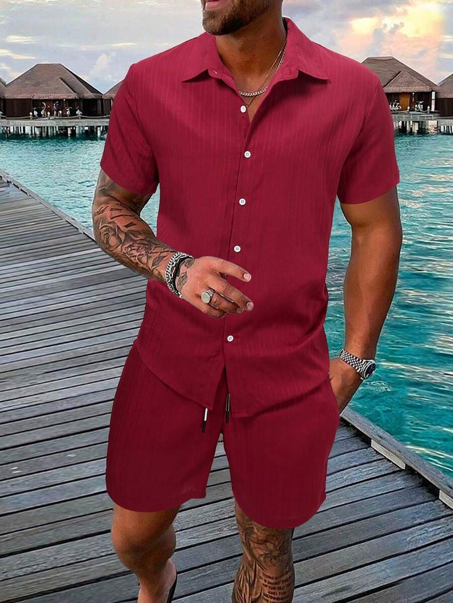 Manfinity RSRT 2pcs/Set Men's Casual Solid Color Button-Up Short Sleeve Shirt & Drawstring Shorts Men Vacation Outfits Outfits For Men Summer Vacation Outfits For Men Short Outfits For Men