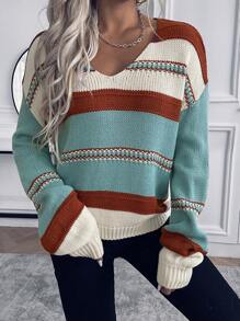 EURMUSE Plus Women Contrast Color Knitted Long Sleeve Pullover Sweater - Multicolor - View 3