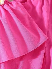 女童简约套装 - 粉色钩针编织上衣，宽松彩色印花阔腿裤，裤脚饰有荷叶边，适合夏季穿着的休闲套装，女童夏季服装