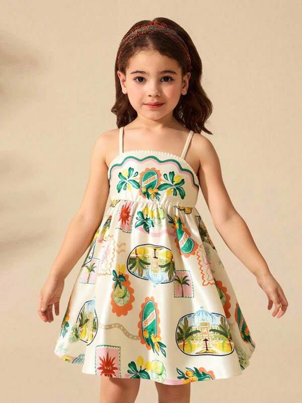 Young Girl Tropical Plant Print Chiffon Spaghetti Strap Vacation Dress