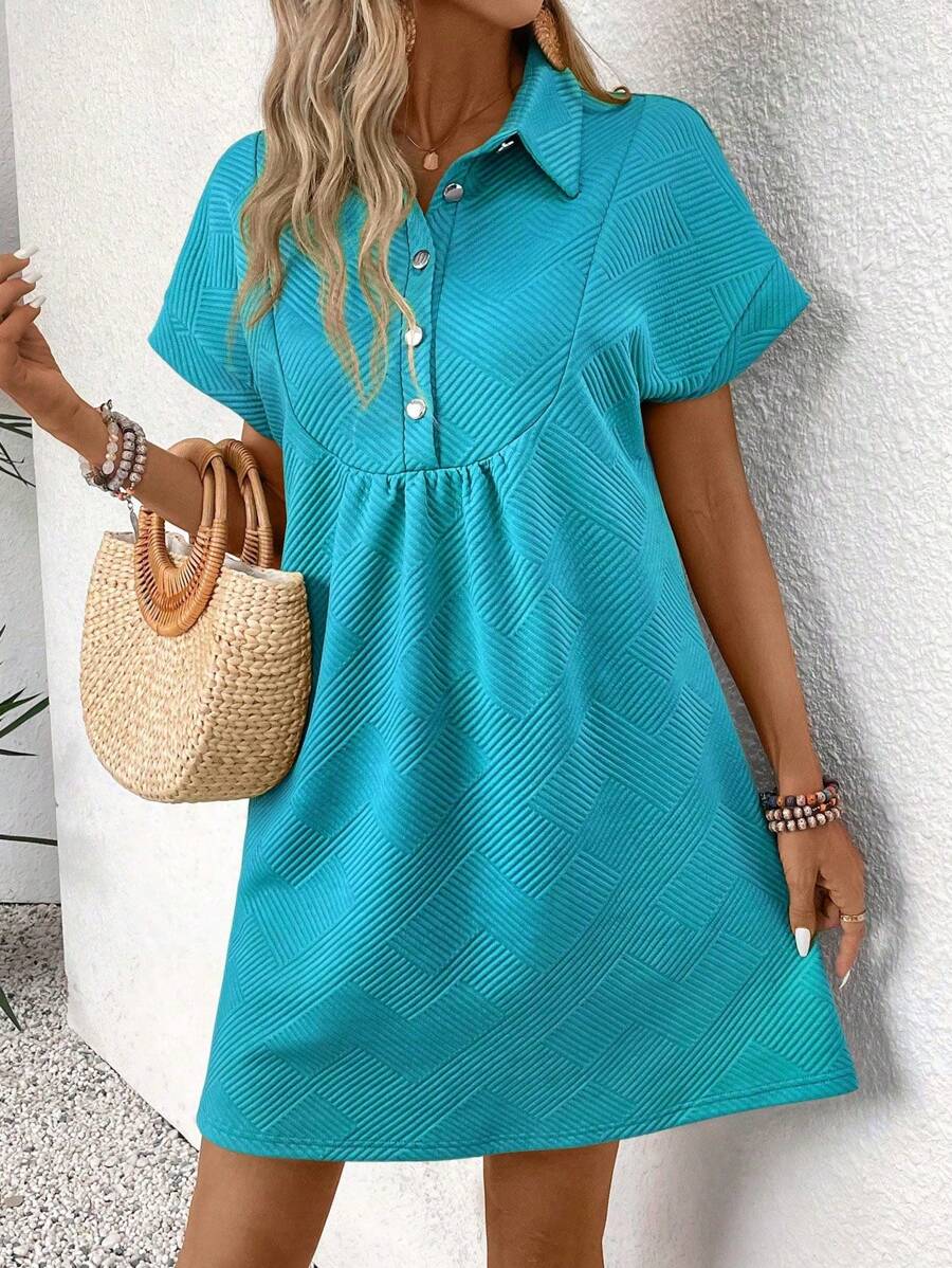 EMERY ROSE Women's Solid Color Half-Zip Collared Button-Up Casual Dress - Blue - View 1