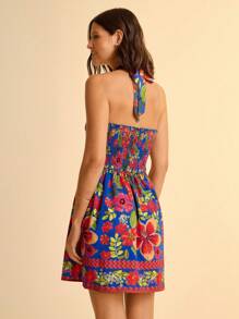 CAJUNI Vestido mini de línea A con cintura hueca, estampado floral tropical bohemio de resort para mujer, Estilo cabaña Casual de Verano