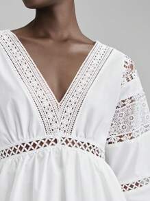 Ontre Vestido casual de vacaciones con unicolor, parche de encaje en la parte delantera y parte trasera larga - Blanco - Ver 6