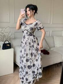 Modelyn Váy mùa hè họa tiết hoa lưới ren tương phản viền xếp nếp viền bất đối xứng cho nữ - Màu be - Xem 6