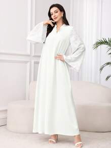 Al Najma 勃艮第红色女式 V 领喇叭袖仿珍珠装饰优雅阿拉伯连衣裙，优雅端庄的华丽束腰外衣阿拉伯长袍，适合晚会/日常休闲 - 白色 - 查看 5