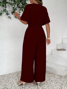 SHEIN Clasi Jumpsuit Kasual Retro Modis dengan Leher V dan Pinggang Terikat - Burgundy - View 2