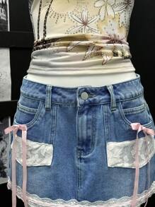 EgrlEra Sexy Lace Bowknot Belted Low-Waist Denim Mini Skirt - Light Wash - View 4