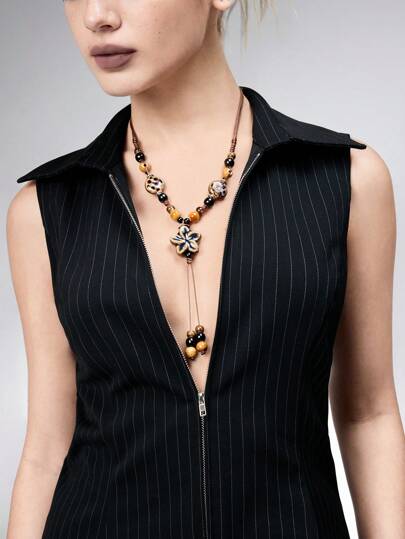 Hippie Vintage Bohemian Style Ceramic Beaded Flower Woven Long Sweater Chain Necklace For Women Valentines