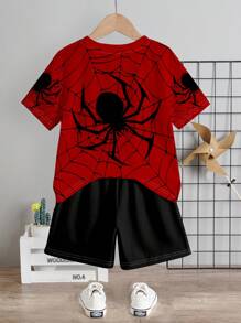 SHEIN Set de 2 piezas de camiseta de cuello redondo de manga corta con estampado de dibujos animados y pantalones cortos casual para niño pequeño, adecuado para el verano