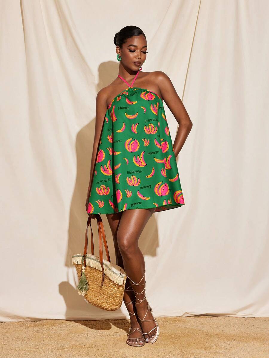 VALERIA GALIPOLI Vestido corto fluido con cuello halter sin mangas con estampado floral para mujer, ideal para verano, vacaciones y playa - Multicolor - Ver 1