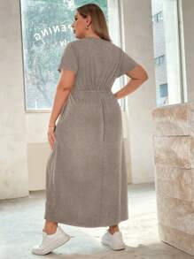 SHEIN Essnce Vestido de manga corta largo con tiras en la cintura y bolsillos, de unicolor de moda casual de verano para mujer de talla grande