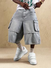 SUMWON 阔腿工装牛仔短裤街头风滑板风格长款宽松宽松短裤复古 90 年代嘻哈时尚 Y2K 都市服饰