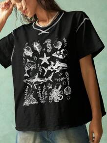 Bohemela T-shirt femme à manches courtes, col ras du cou, ample, imprimé océan, style vacances d'été