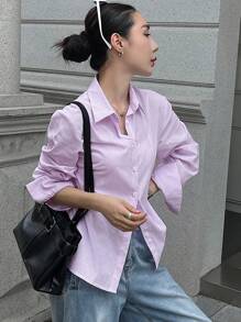 DAZY 女士单排扣休闲条纹长袖衬衫，适合夏季、秋季女装 - 淡紫色 - 查看 6