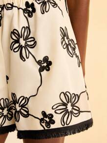 CAJUNI Women's Vacation Beach Casual Embroidered Flower Pattern Fringes Hem Shorts - Multicolor - View 4