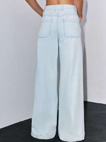 Lumivelle Quần Jeans Ống Rộng Cạp Trung Bình Rộng Thoải Mái Có Túi Cho Nữ - Rửa nhẹ - Xem 2