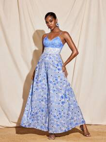 TIYA Floral Print Plunging Neck Wide Leg Tie Back Cami Jumpsuit Women Summer Vacation Wear - Blue - View 3