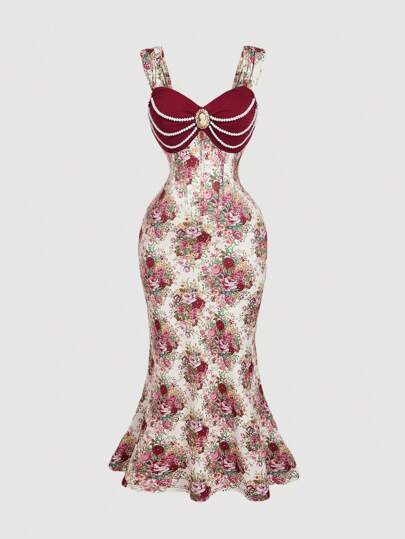 SHEIN MOD Plus Size Women Vintage Pearl Chain Black Fish Tail Dress, Spring ,Festival,Date Night , Elegant,Party,Flowy ,Wedding Guest,Tea Party ,Modest ,Prom ,Floral Outfits Women Dress Floral Floral Formal Dress Garden Party Formal Dress Fancy Dinner Dress Floral Mermaid Dress