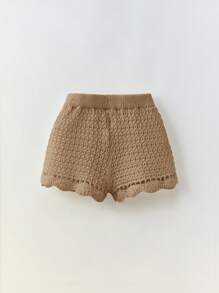 Maija Kids Maija Kids 2pcs Vacation Casual Outfit Set For Young Girls: Breathable Mesh-Knit Decorated Puff Hem Short Camisole Top + Short Shorts, Suitable For Spring/Summer Girls Crochet Set Crochet Two Piece Set Kids Crochet Outfit Girl Knit Set Summer Two Piece Set Kids,In Fall/Winter