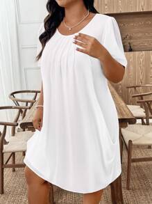 EMERY ROSE 大码纯色简约休闲圆领短袖连衣裙 - 白色 - 查看 7