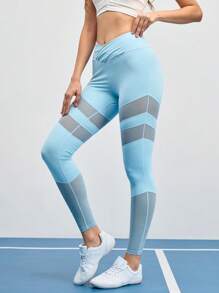 SHEIN Sports Solid Color Mesh Panel Crossover Waist Tight Fit Active Leggings - Baby Blue - View 5