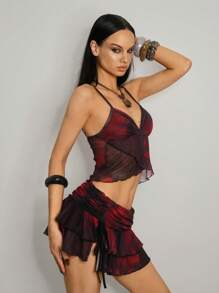 SHEIN ICON Women's Red Two-Piece Co-Ord Set Semi-Sheer Mesh Fabric Crop Top With Spaghetti Straps And Wrap Detail And Ruffled Mini Skirt - Red - View 6