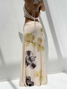 Aloruh 女士春夏优雅度假装女士绿色碎花性感高开叉半身裙和摆领露背上衣两件套 - 彩色 - 查看 8