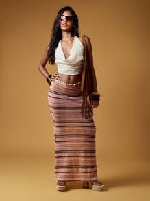 MISSGUIDED Knitted Crochet Maxi Skirt Beach Resort Wear Holiday Fashion Stretch Striped Long Summer Beachwear - Multicolor - View 4