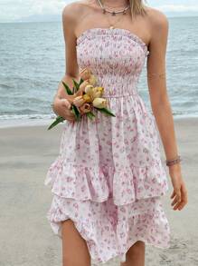 Jouncy Váy Bandeau ren ngắn mini cho nữ, phong cách ngày lễ mùa hè giản dị - Hồng - Xem 1