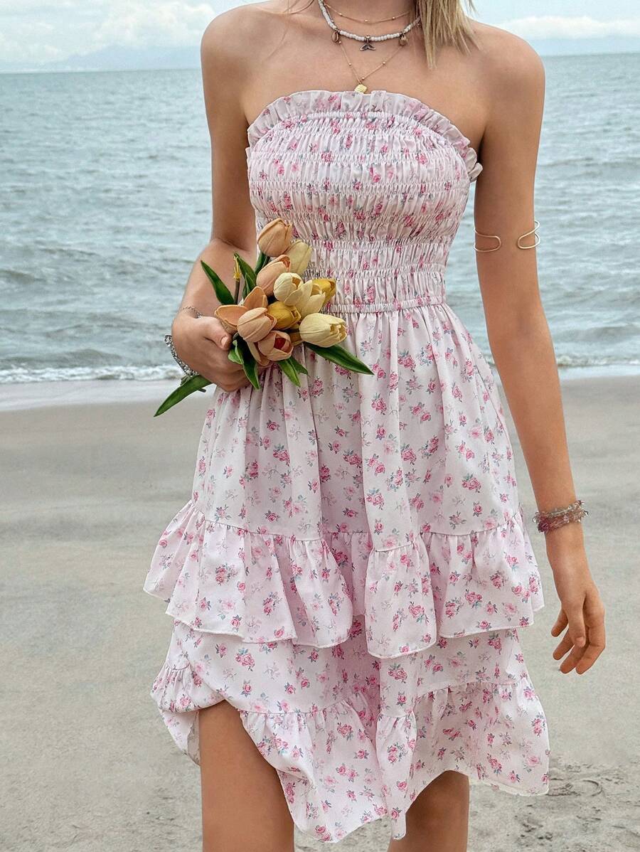 Jouncy Váy Bandeau ren ngắn mini cho nữ, phong cách ngày lễ mùa hè giản dị - Hồng - Xem 1