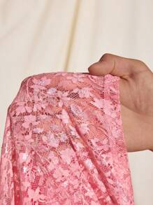 BELZY Women Elegant Pink Satin Transparent Lace Blocked Deep V Midi Dress Summer Wedding Romantic