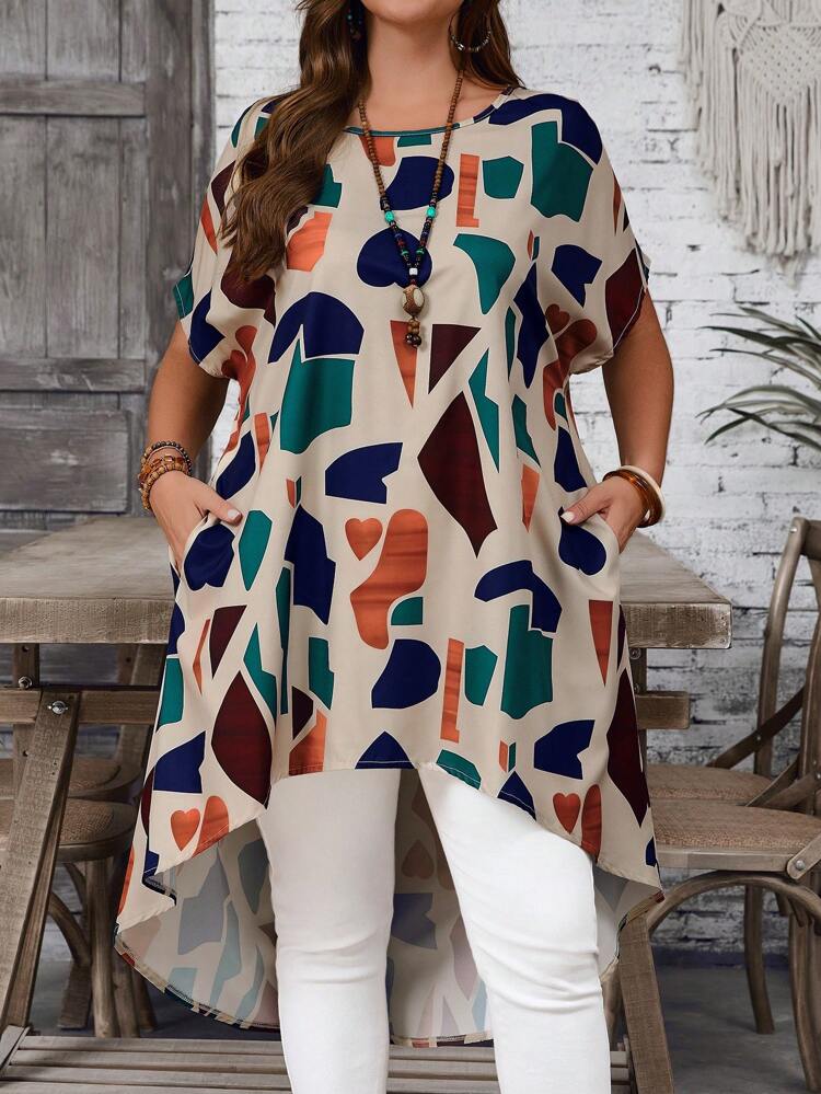 Blusa larga de mujer talla grande de verano, estilo campestre casual de vacaciones, cuello redondo, manga corta, bajo asimétrico, estampado geométrico, con bolsillos, para vacaciones de verano, simple y de moda para uso diario, vibraciones de vacaciones, primavera, uso casual, bohemia